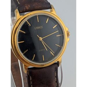 Lamex India 18k Gold Electroplated Watch Men 32mm Case Leather Band- New Battery